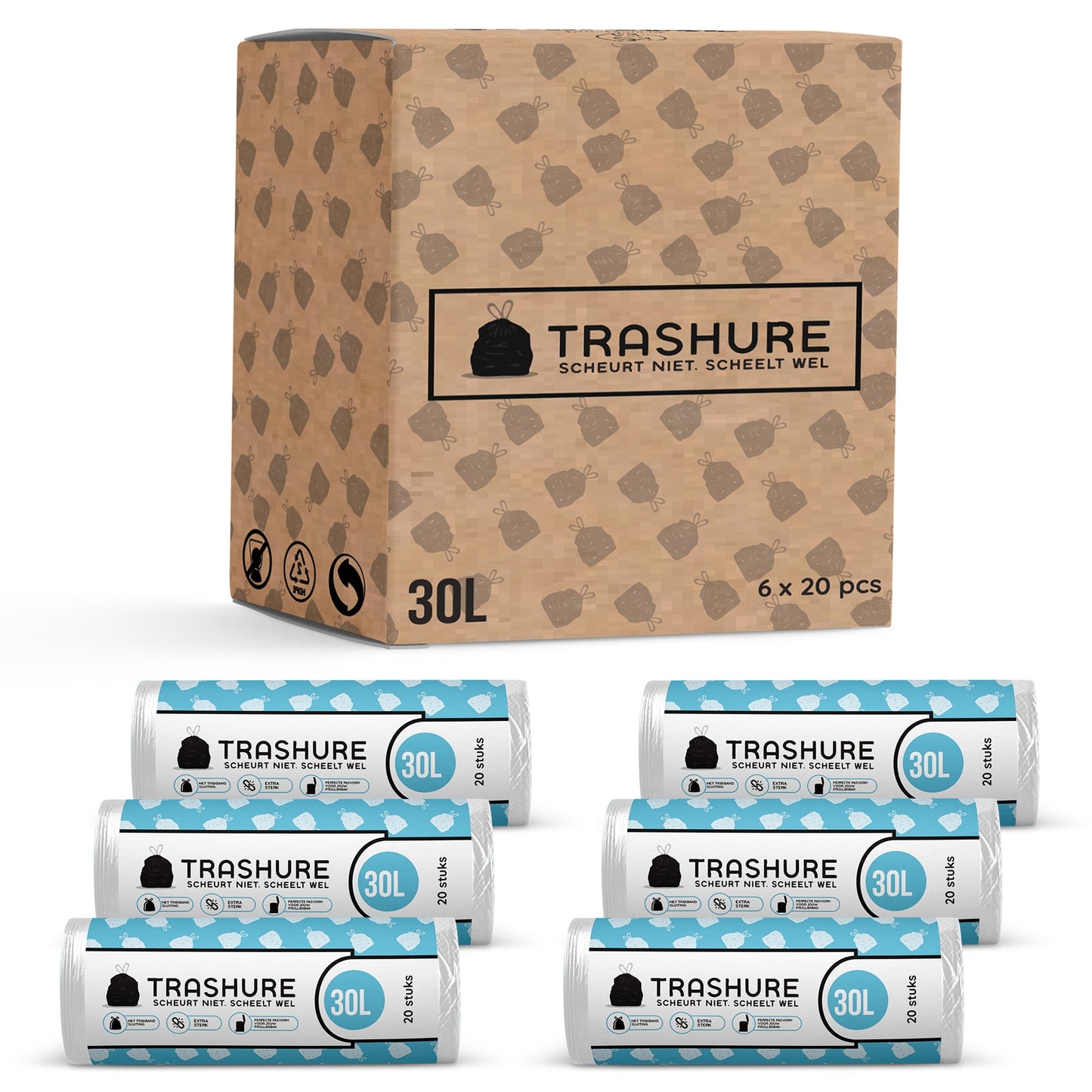 Trashure – 120 Vuilniszakken 30L met trekbandsluiting
