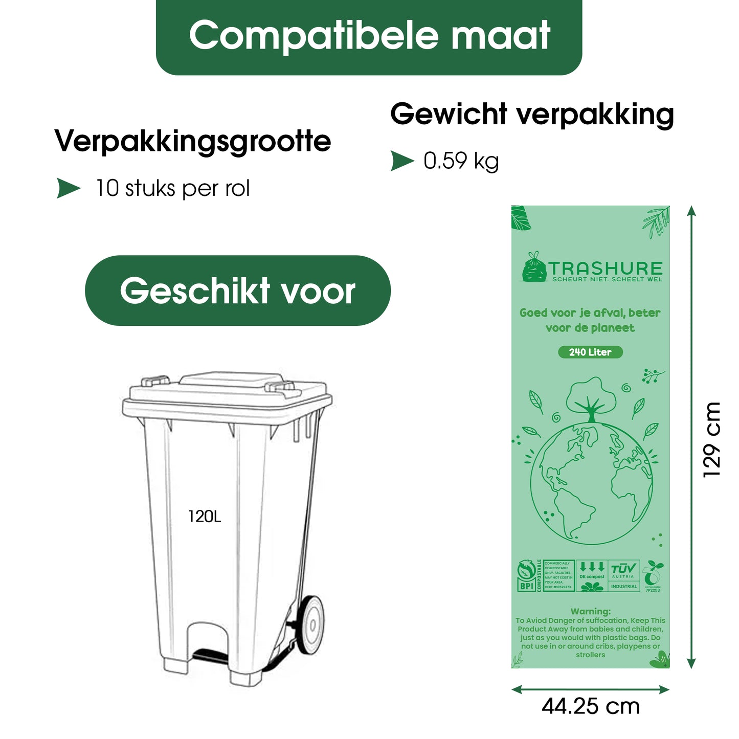 Trashure Container Vuilniszakken - Composteerbaar - 120 Liter - 20 Stuks - GFT Geschikt