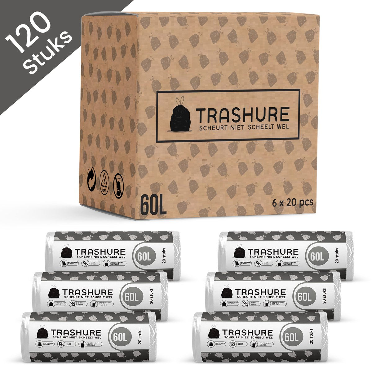 Trashure – 120 Vuilniszakken 60L met trekbandsluiting