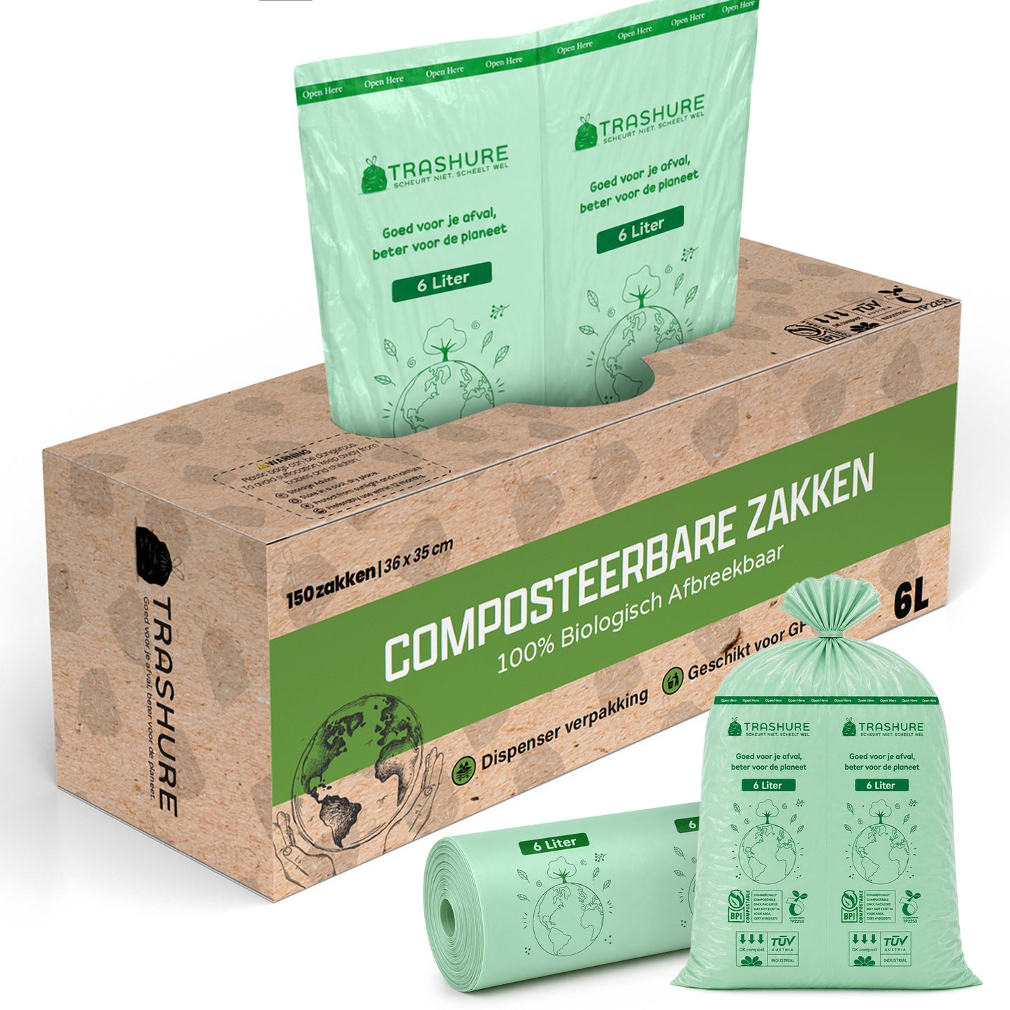 Trashure Biozakken 6 liter 150 stuks biologisch afbreekbare afvalzakken – 35 x 36 cm - 100% composteerbare vuilniszakken - Incl. dispenser - gft afvalzakken -