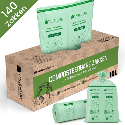 Trashure Biozakken 10 liter 140 stuks biologisch afbreekbare afvalzakken – 43 x 46 cm - 100% composteerbare vuilniszakken - Incl. dispenser - gft afvalzakken