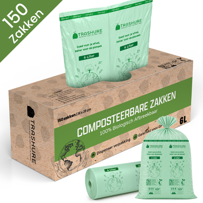 Trashure Biozakken 6 liter 150 stuks biologisch afbreekbare afvalzakken – 35 x 36 cm - 100% composteerbare vuilniszakken - Incl. dispenser - gft afvalzakken -
