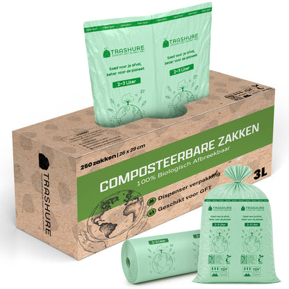 Trashure Biozakken 2/3 liter 250 stuks biologisch afbreekbare afvalzakken – 28 x 29 cm - 100% composteerbare vuilniszakken - Incl. dispenser - gft afvalzakken