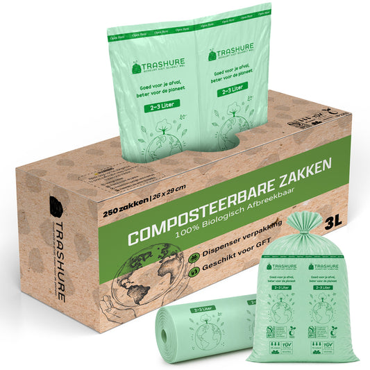 Trashure Biozakken 2/3 liter 250 stuks biologisch afbreekbare afvalzakken – 28 x 29 cm - 100% composteerbare vuilniszakken - Incl. dispenser - gft afvalzakken