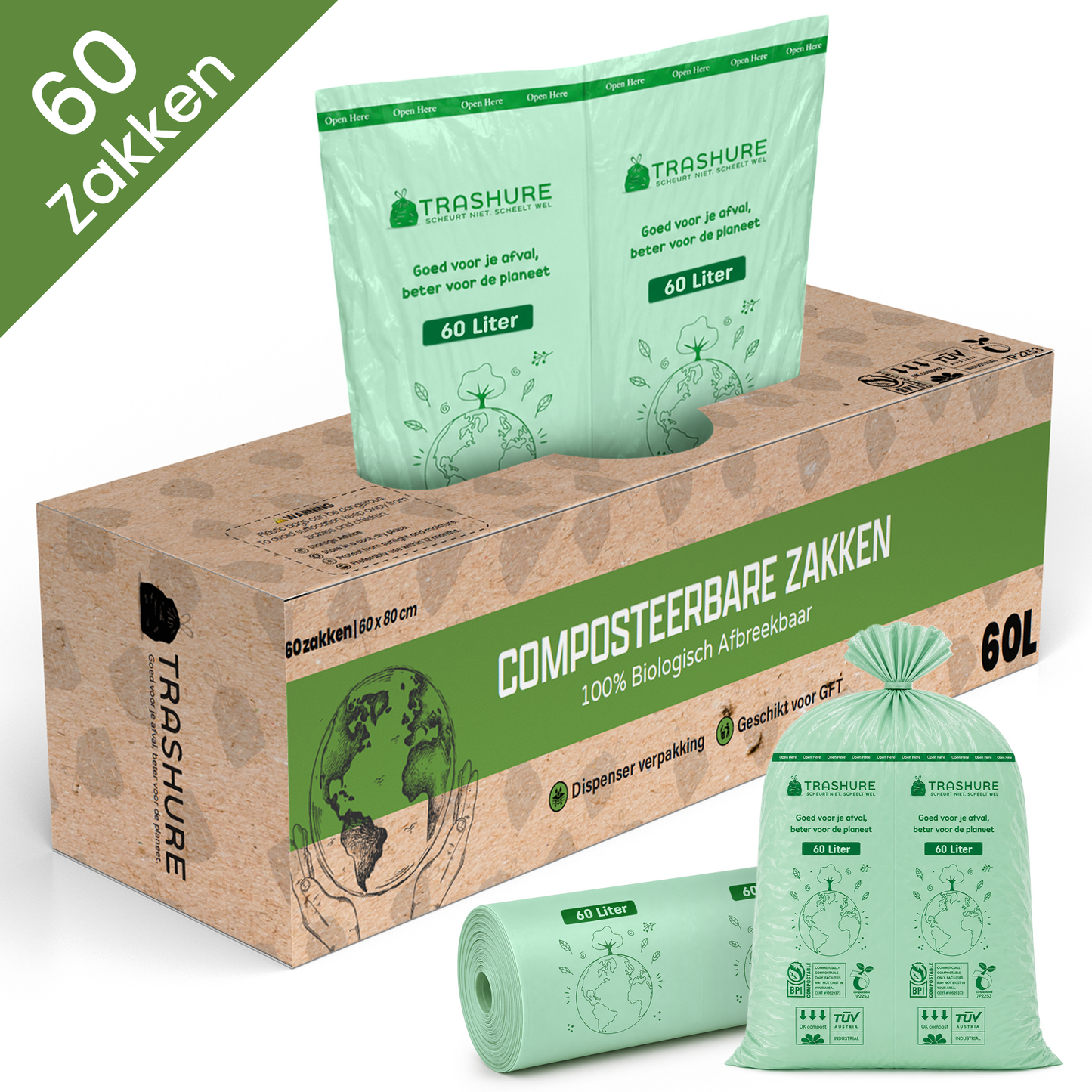 Trashure Biozakken 50/60 liter 60 stuks biologisch afbreekbare afvalzakken – 60x80 cm - 100% composteerbare vuilniszakken - Incl. dispenser - gft afvalzakken