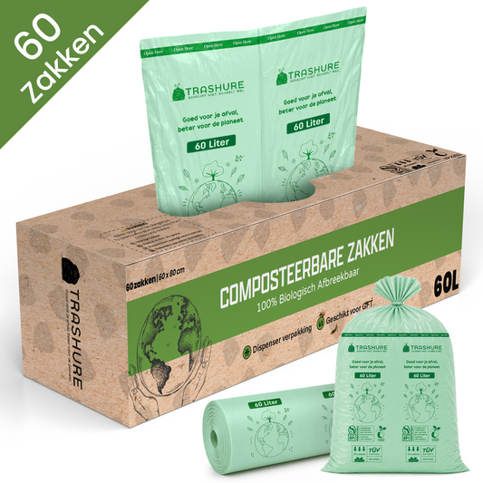 Trashure Biozakken 50/60 liter 60 stuks biologisch afbreekbare afvalzakken – 60x80 cm - 100% composteerbare vuilniszakken - Incl. dispenser - gft afvalzakken