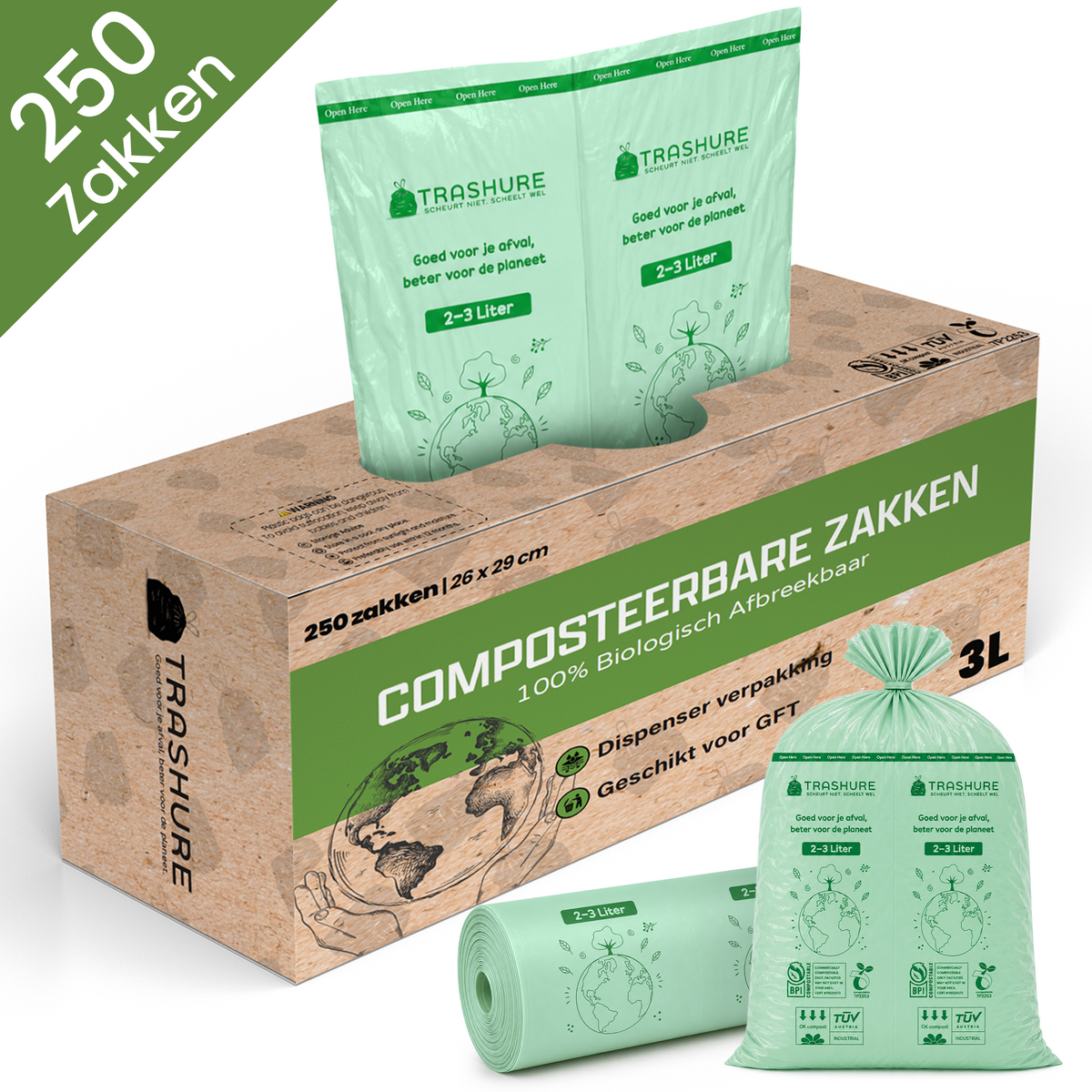 Trashure Biozakken 2/3 liter 250 stuks biologisch afbreekbare afvalzakken – 28 x 29 cm - 100% composteerbare vuilniszakken - Incl. dispenser - gft afvalzakken