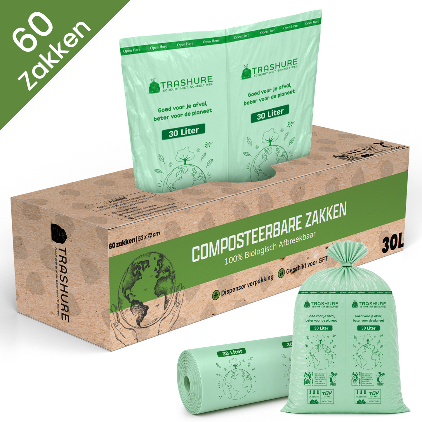 Trashure Biozakken 30 liter 60 stuks biologisch afbreekbare afvalzakken – 72x54cm - 100% composteerbare vuilniszakken - Incl. dispenser - gft afvalzakken