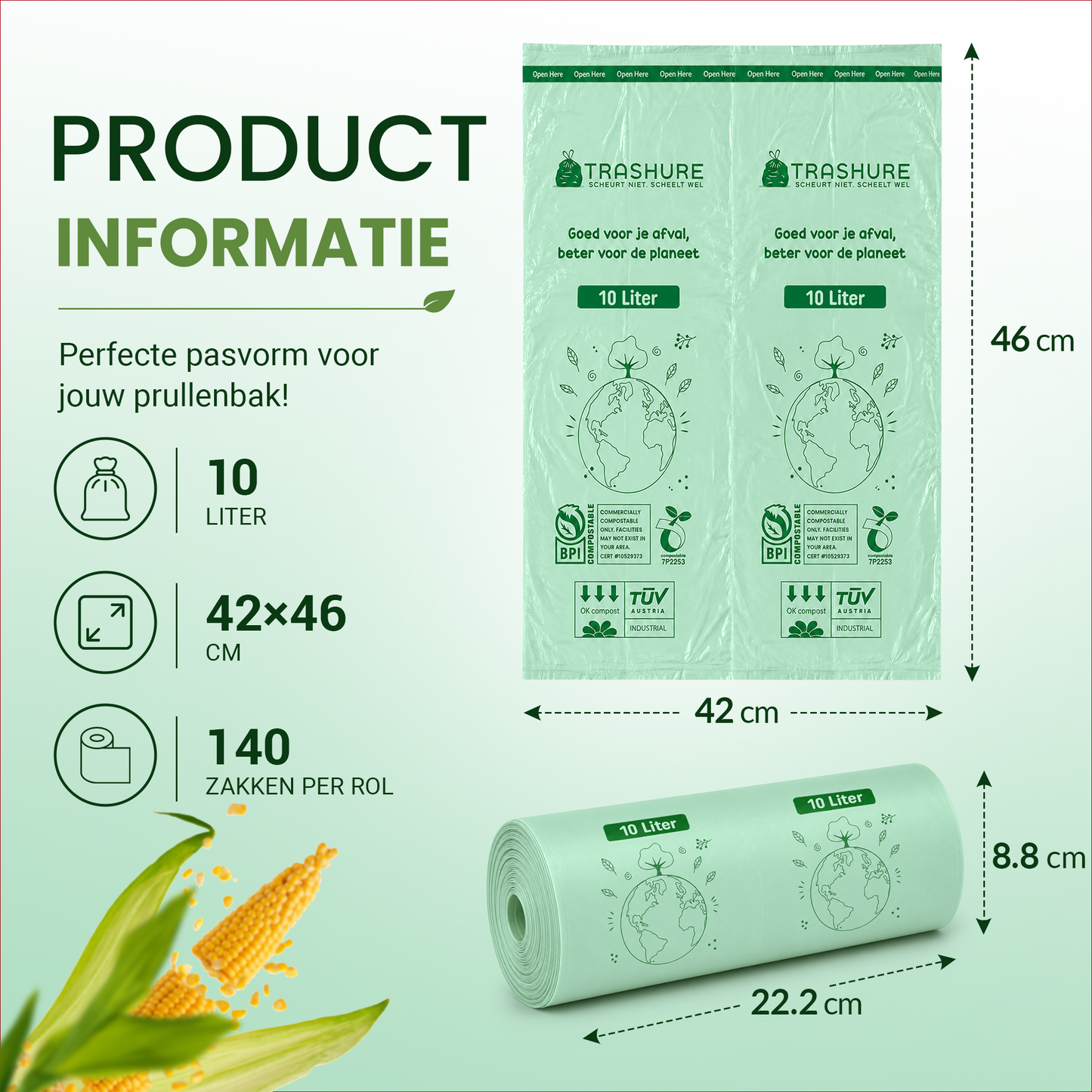 Trashure Biozakken 10 liter 140 stuks biologisch afbreekbare afvalzakken – 43 x 46 cm - 100% composteerbare vuilniszakken - Incl. dispenser - gft afvalzakken