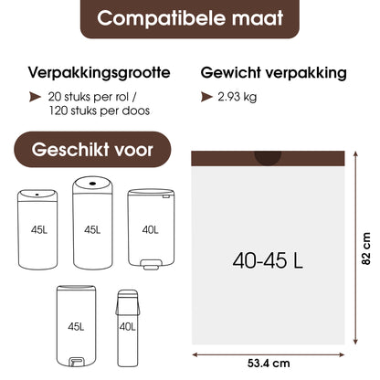 Trashure Vuilniszakken - Code L - Geschikt voor Brabantia prullenbak - 40/45L - 6 rollen x 20 stuks - met trekbandsluiting