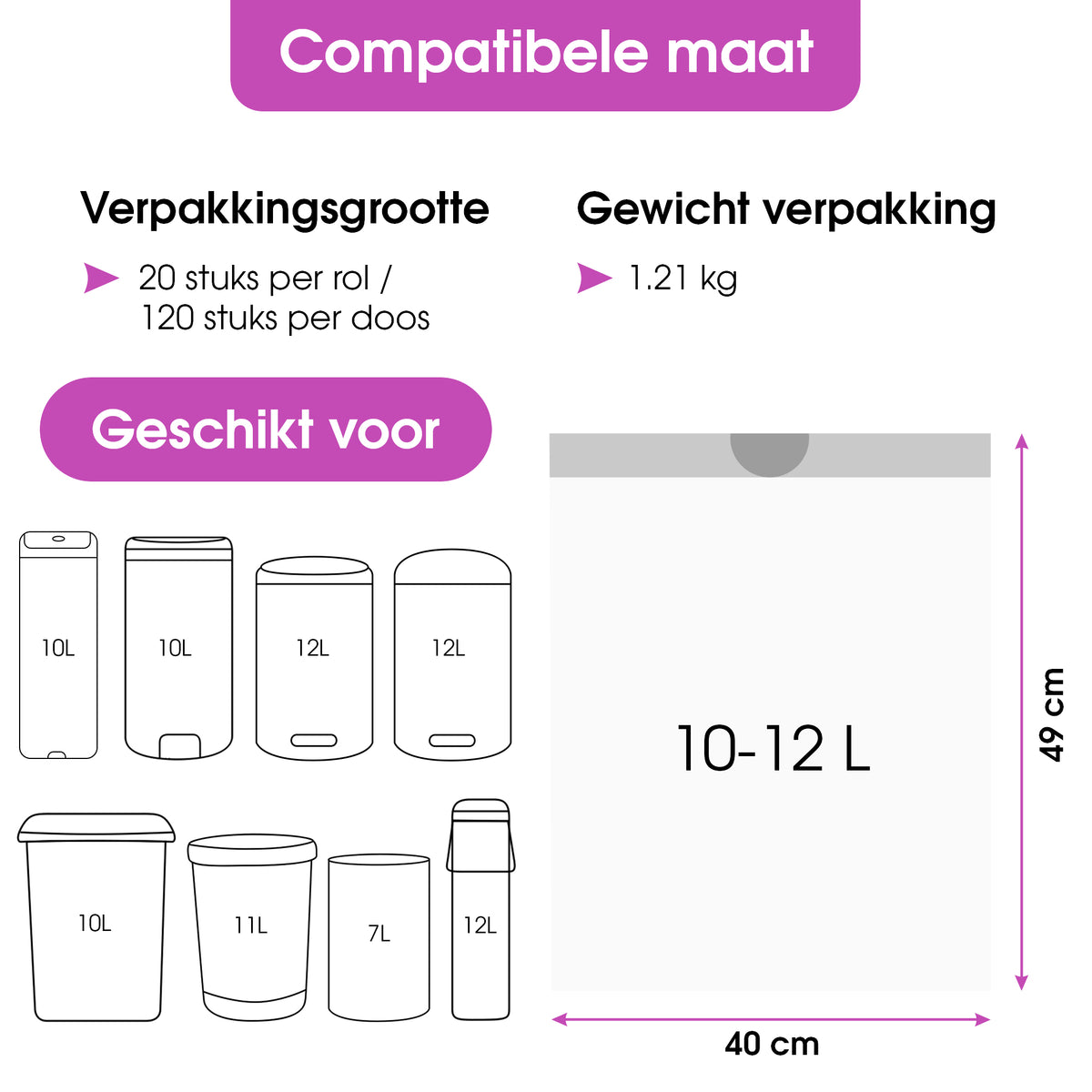 Trashure Vuilniszakken - Code C - Geschikt voor Brabantia prullenbak - 10/12L - 6 rollen x 20 stuks - 10-12 liter met trekbandsluiting