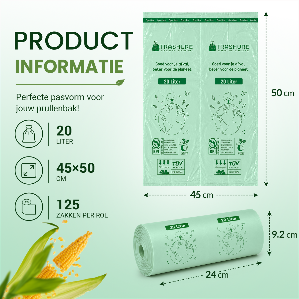Trashure Biozakken 20 liter 125 stuks biologisch afbreekbare afvalzakken – 45x50 cm - 100% composteerbare vuilniszakken - Incl. dispenser - gft afvalzakken