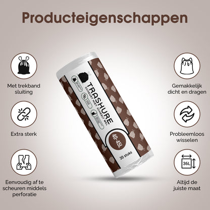 Trashure Vuilniszakken - Code L - Geschikt voor Brabantia prullenbak - 6 rollen x 20 stuks - 40-45 L met trekbandsluiting