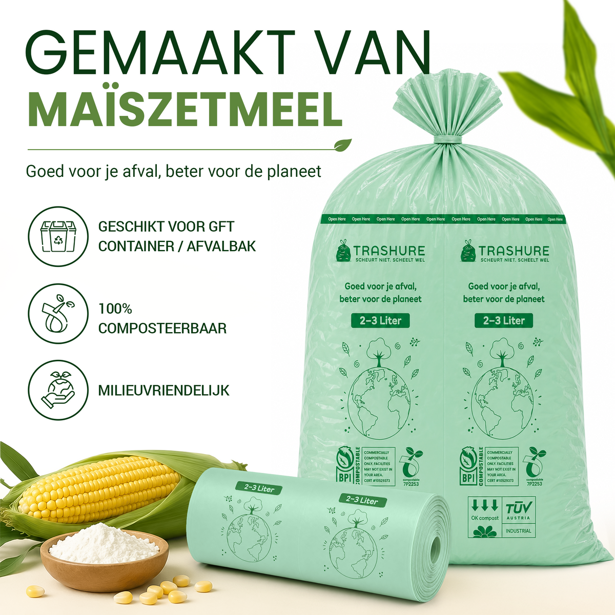 Trashure Biozakken 2/3 liter 250 stuks biologisch afbreekbare afvalzakken – 28 x 29 cm - 100% composteerbare vuilniszakken - Incl. dispenser - gft afvalzakken