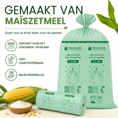 Trashure Biozakken 2/3 liter 250 stuks biologisch afbreekbare afvalzakken – 28 x 29 cm - 100% composteerbare vuilniszakken - Incl. dispenser - gft afvalzakken