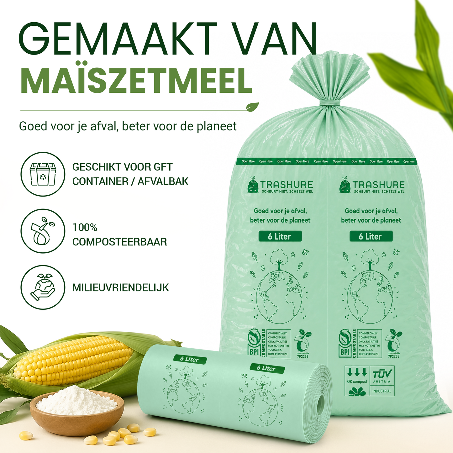 Trashure Biozakken 6 liter 150 stuks biologisch afbreekbare afvalzakken – 35 x 36 cm - 100% composteerbare vuilniszakken - Incl. dispenser - gft afvalzakken -