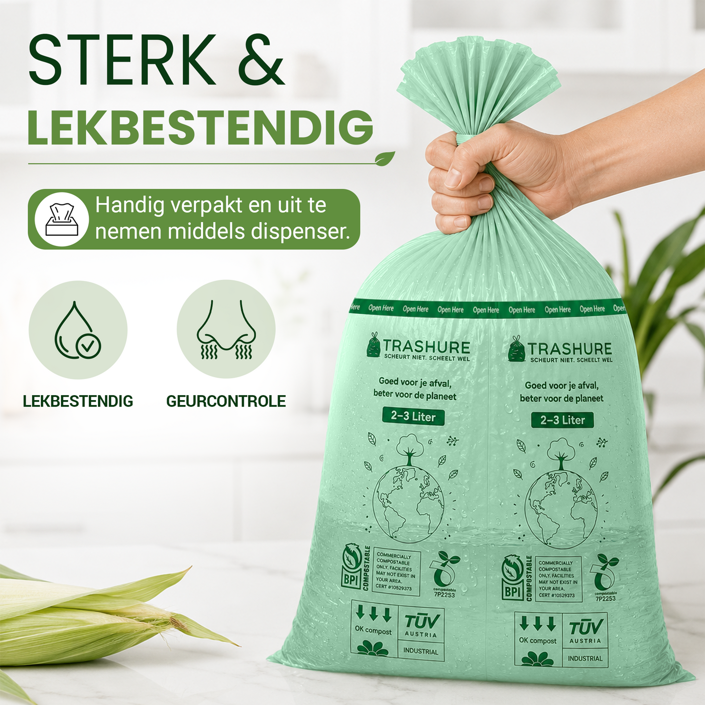 Trashure Biozakken 2/3 liter 250 stuks biologisch afbreekbare afvalzakken – 28 x 29 cm - 100% composteerbare vuilniszakken - Incl. dispenser - gft afvalzakken