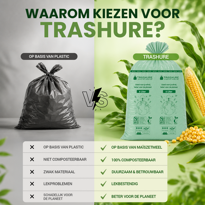 Trashure Biozakken 6 liter 150 stuks biologisch afbreekbare afvalzakken – 35 x 36 cm - 100% composteerbare vuilniszakken - Incl. dispenser - gft afvalzakken -