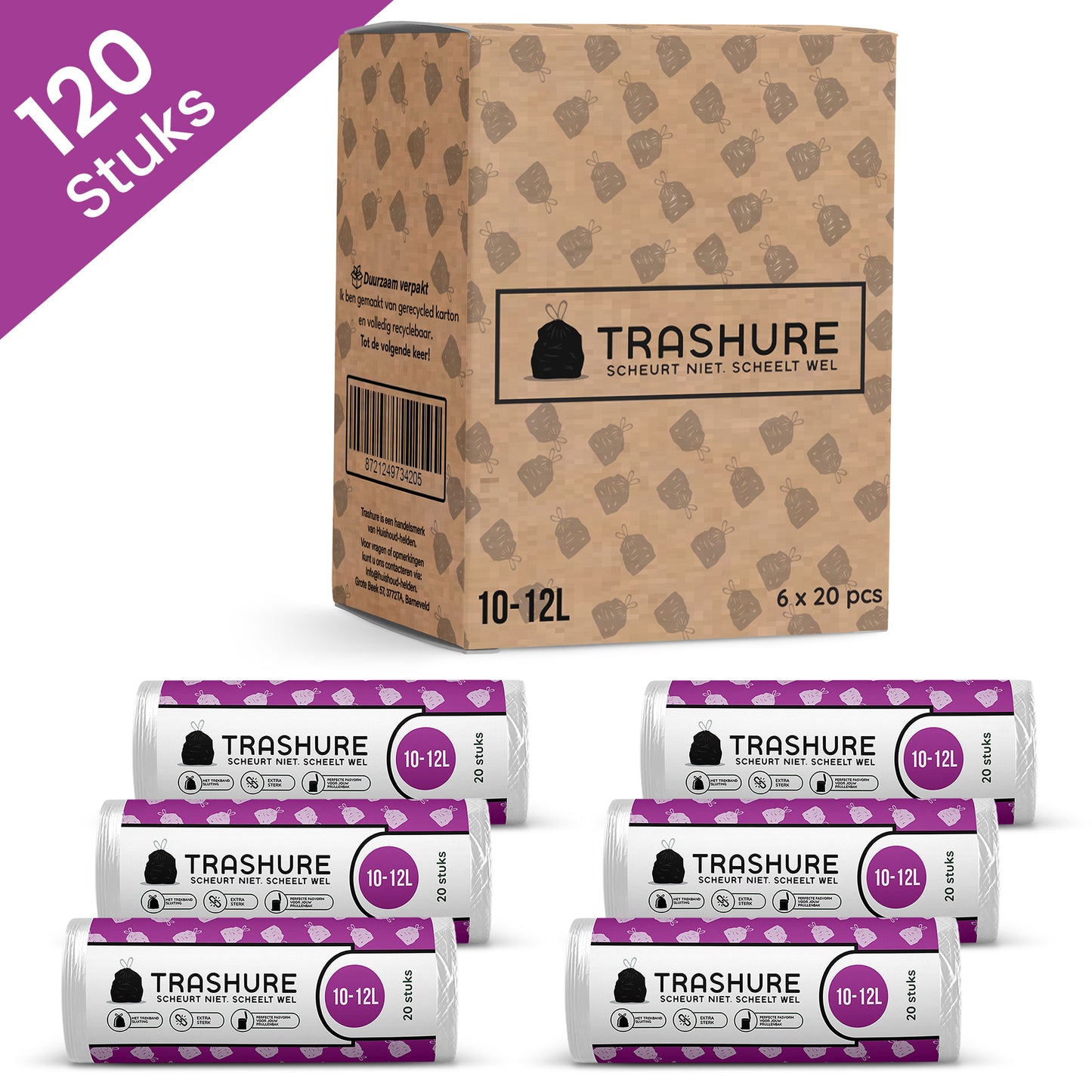 Trashure Vuilniszakken - Code C - Geschikt voor Brabantia prullenbak - 10/12L - 6 rollen x 20 stuks - 10-12 liter met trekbandsluiting