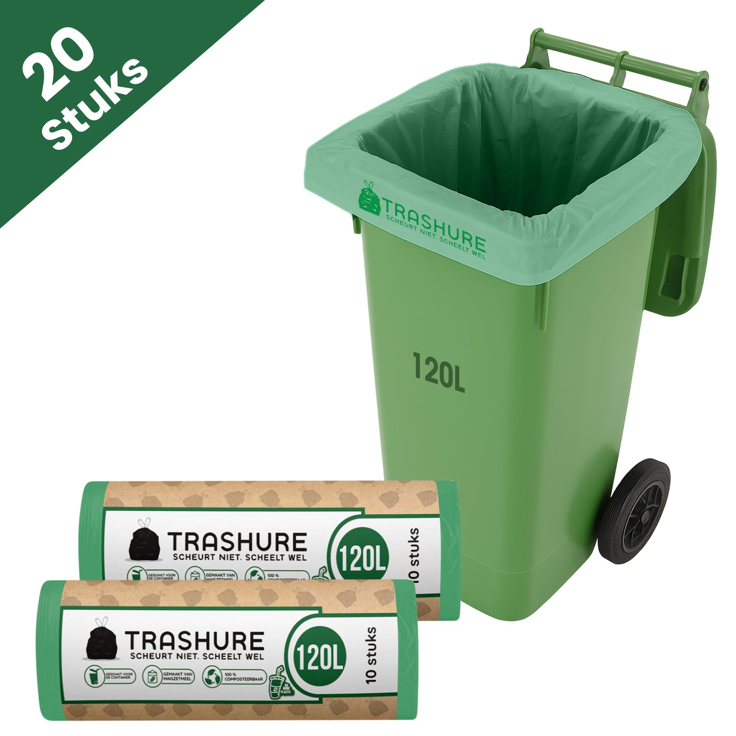 Trashure Container Vuilniszakken - Composteerbaar - 120 Liter - 20 Stuks - GFT Geschikt